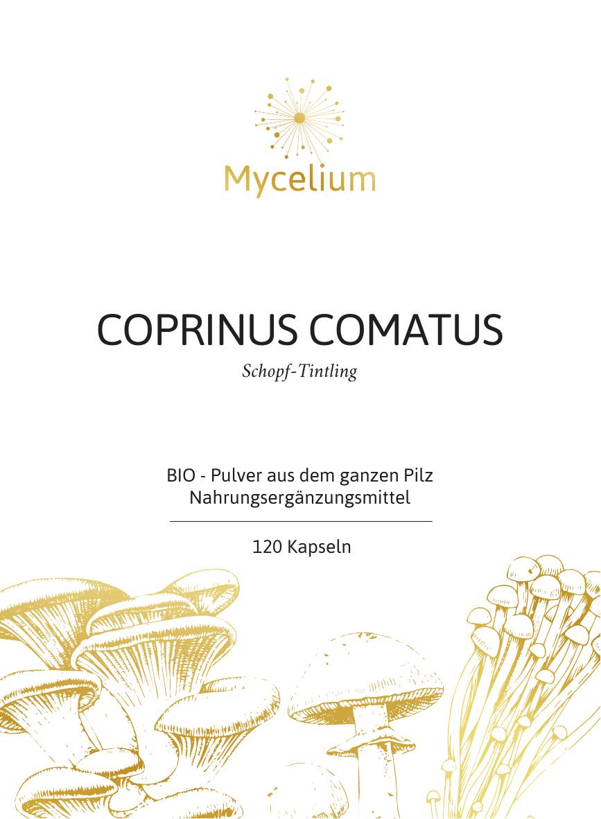 Vitalpilz Coprinus Comatus BIO Pulver als Nahrungsergänzungsmittel in Kapseln - Etikett Vorderseite