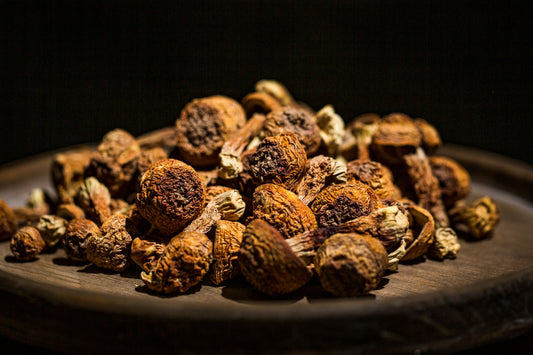 Getrockneter Agaricus blazei Murrill auf einem Holzteller, bekannt für seine immunmodulierenden Effekte und anti-allergischen Eigenschaften.